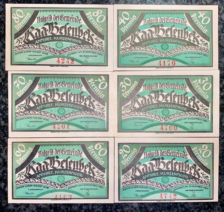 GERMANY SET BESENBECK 80PF,70PF,60PF,40PF,30PF,20PF 1921 - UNC NOTGELD (EMERGENCY MONEY) AMAZING ART