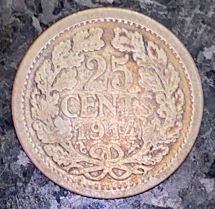 NEDERLANDS SILVER 25 CENT 1914 SILVER .640