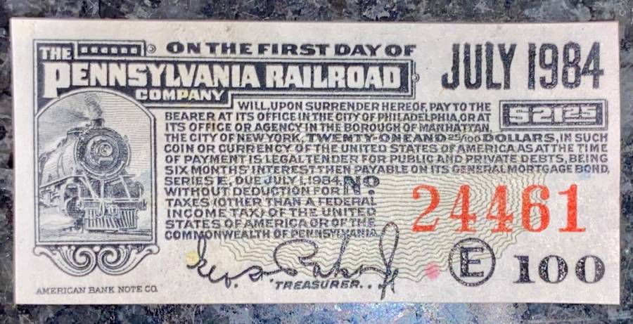 U S A PENNSYLVANIA RAILROAD COMPANY COUPON $21.25 DOLLARS JULY 1984