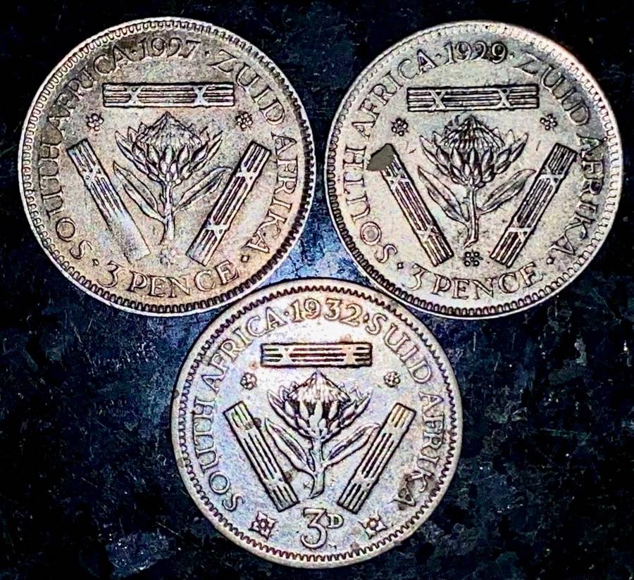 S A UNION SILVER SET 3D THREEPENCE 1927, 1929 & 1932 GOOD CONDITION -- 80% SILVER(1 BID TAKES ALL)