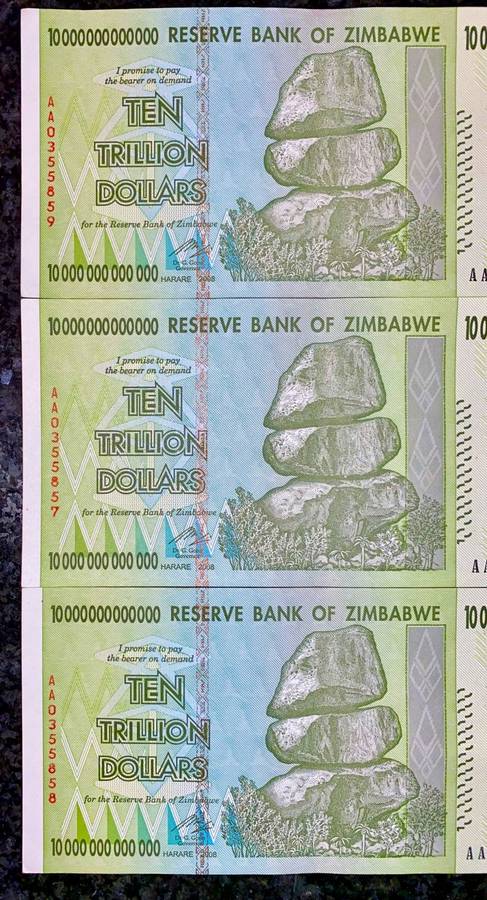 ZIMBABWE AA 10 TRILLION DOLLARS IN SEQUENCE AA0355859-857 HARARE 2008 ZIM BIRD WTM(1 BID TAKES ALL)
