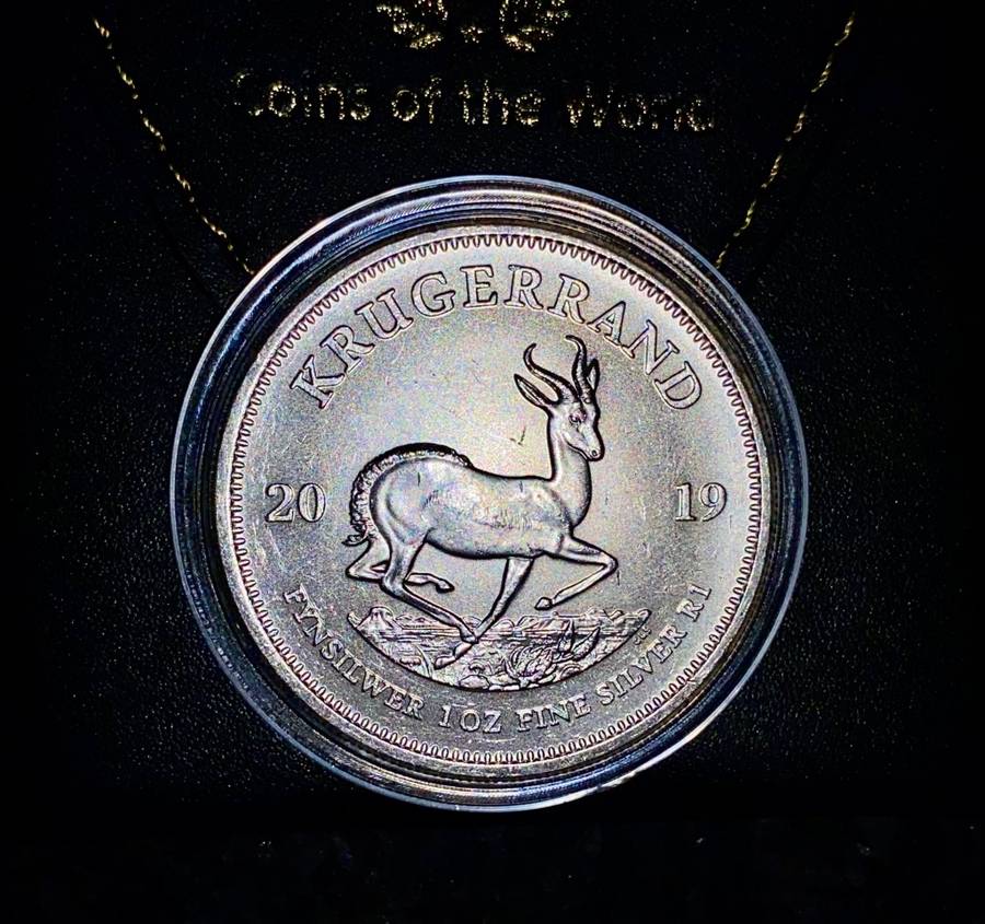 SOUTH AFRICA SILVER KRUGERRAND -- 2019 -- 1OZ FINE SILVER IN WORLD COINS POUCH & CAPSULE
