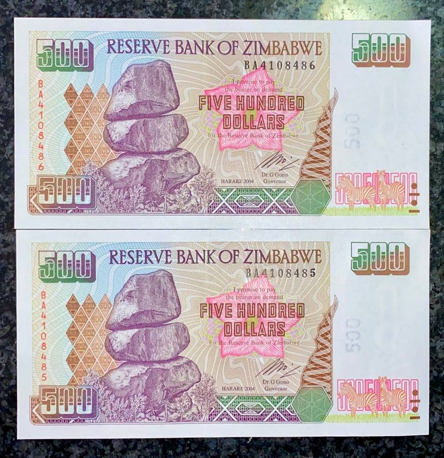 ZIMBABWE SET 500 DOLLARS IN SEQUENCEBA4108486-485 -- 2004 UNC  (1 BID TAKES ALL)