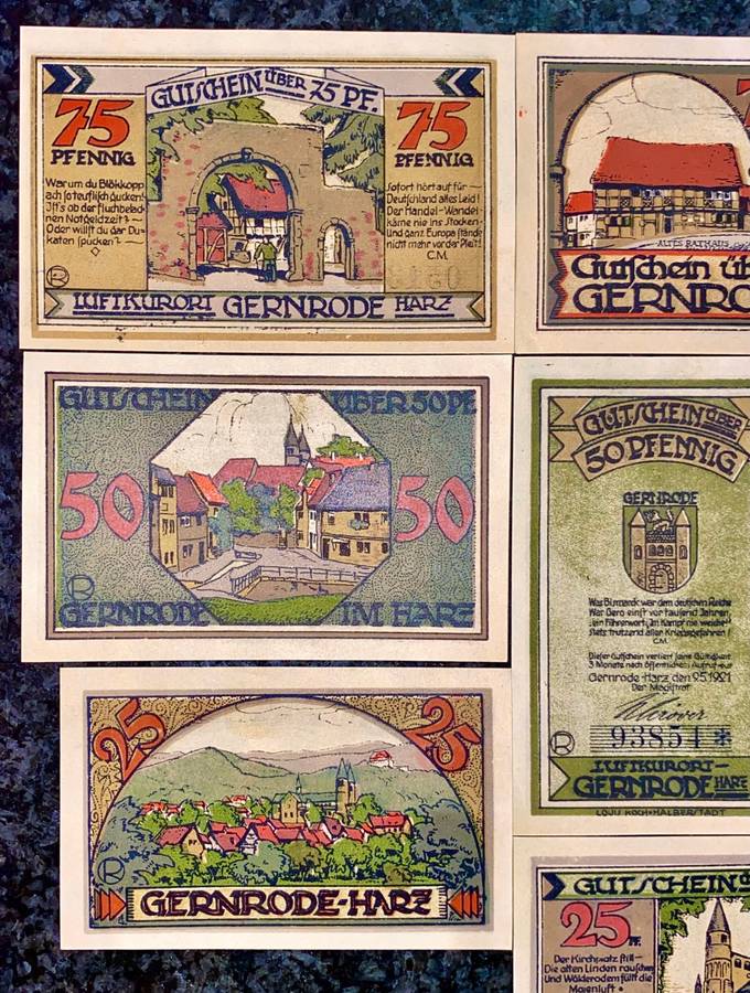 GERMANY SET - GERNRODE - 75 PFENNIG TO 25 PFENNIG 1921 - UNC NOTGELD (EMERGENCY MONEY)  AMAZING ART