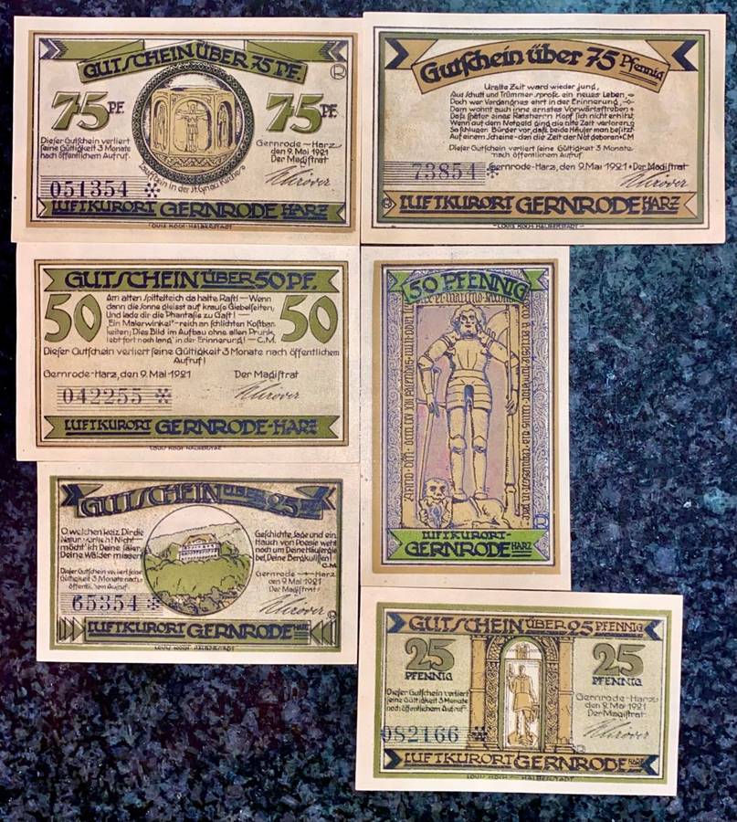 GERMANY SET - GERNRODE - 75 PFENNIG TO 25 PFENNIG 1921 - UNC NOTGELD (EMERGENCY MONEY)  AMAZING ART