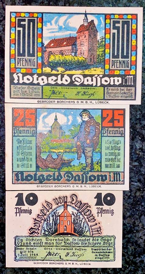 GERMANY SET - DASSOW - 50 PFENNIG & 10 PFENNIG 1922 UNC NOTGELD(EMERGENCY MONEY) AMAZING ART