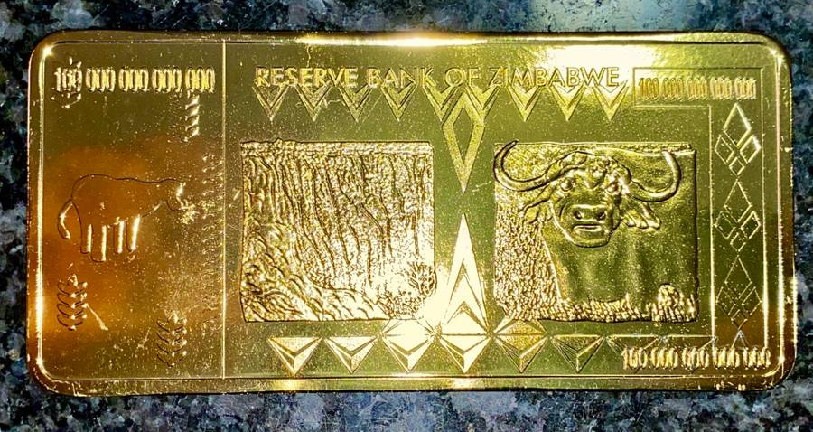 ZIMBABWE ONE HUNDRED TRILLIAN DOLLARS GOLD BAR HARARE 2008