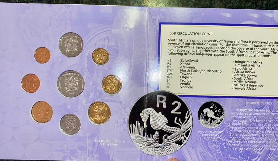 S A MINT UNCIRCULATED SET 1998 -- R5 TO 1 CENT - IN FOLDER COINS SEALED FROM SA MINT