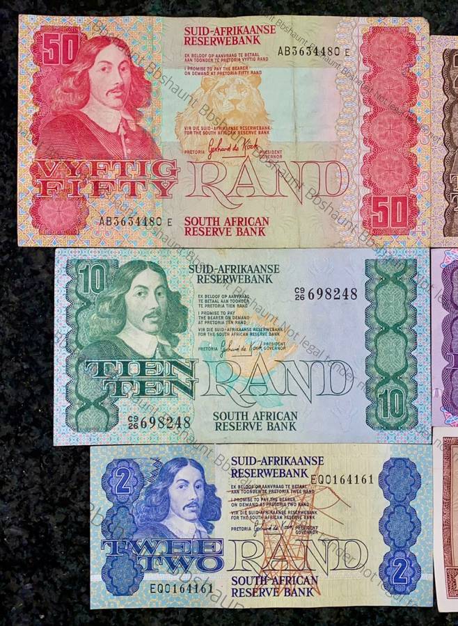 COMPLETE SET OF GPC DE KOCK & DECIMALS R50 TO R2 - 1980s (R1 TW DE JONGH 1975)- (1 BID TAKES ALL)