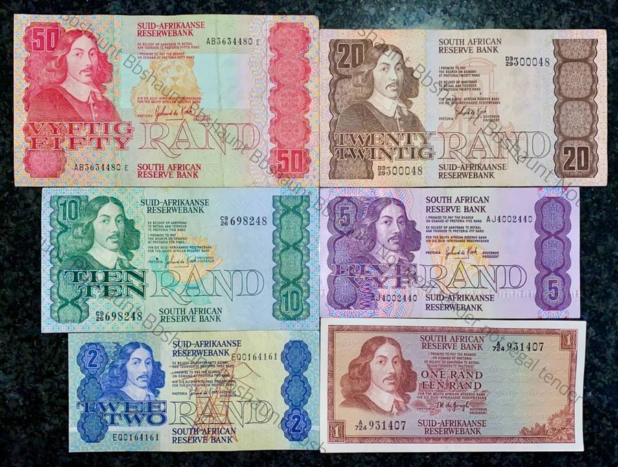 COMPLETE SET OF GPC DE KOCK & DECIMALS R50 TO R2 - 1980s (R1 TW DE JONGH 1975)- (1 BID TAKES ALL)