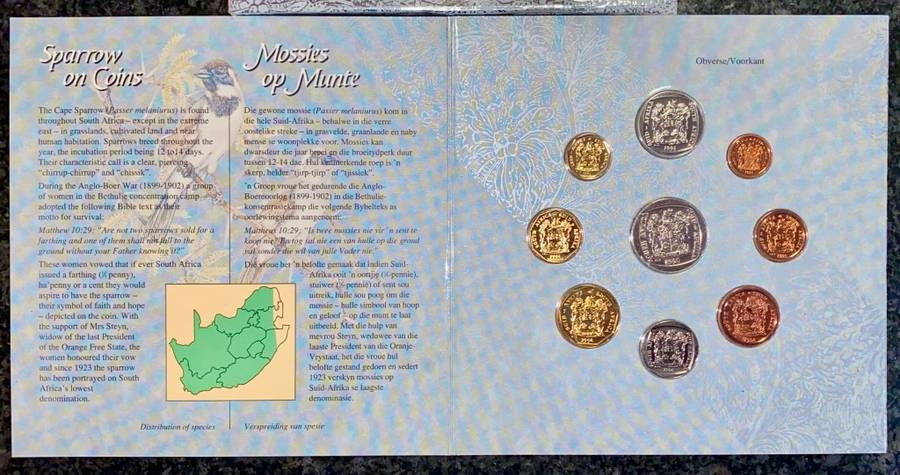 SOUTH AFRICA MINT BRILLIANT UNCIRCULATED COIN SET R5 TO 1 CENT -- 1994 -- IN ORIGINAL FOLDER