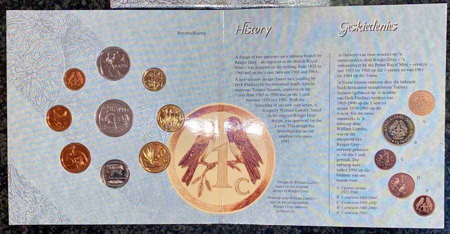 SOUTH AFRICA MINT BRILLIANT UNCIRCULATED COIN SET R5 TO 1 CENT -- 1994 -- IN ORIGINAL FOLDER