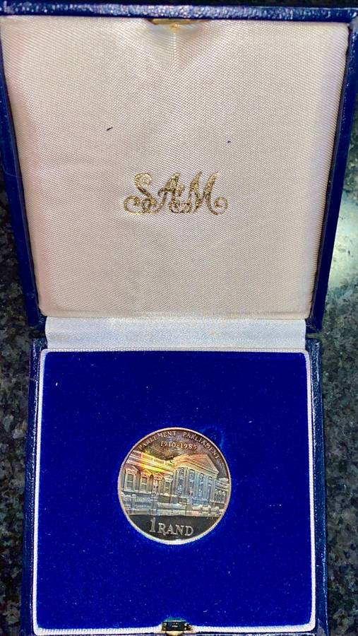 SOUTH AFRICA PROOF SILVER R1 -- 1985 -- PARLIAMENT - AMAZING TONING IN SA MINT BOX