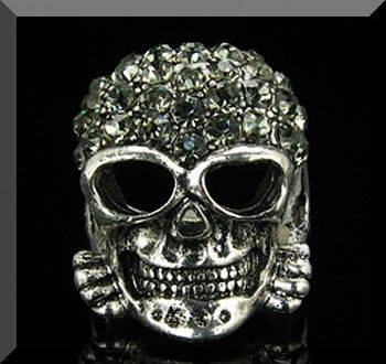 *R1* - ROCK GOTH CRYSTAL SILVER SKULL RING - SIZE : 9.5
