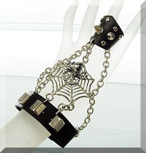 *GOTH ROCK* -GENUINE LEATHER STUDDED SPIDER BRACELET & FINGER STRAP