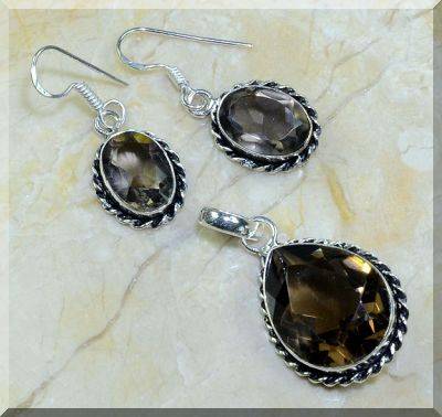 SMOKY QUARTZ 925 STERLING SILVER OVERLAY PENDANT AND EARRINGS SET