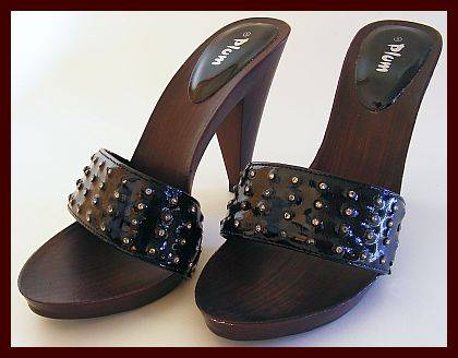 GET READY FOR SUMMER AND SPARKLE IN THESE BLACK WITH DIAMANTE SLIP ON HEELS BY PLUM - SIZE 5