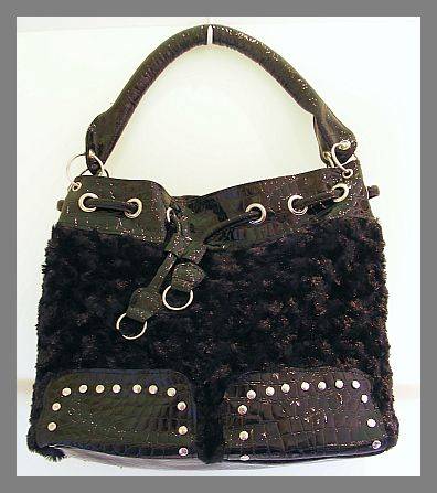 GORGEOUS BLACK SOFT FAUX FUR AND CROC LARGE HANDBAG