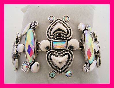 SILVER METAL WIDE BRACELET WITH RHINESTONES