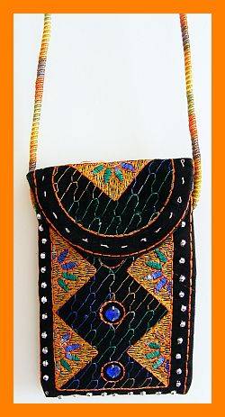 BLACK VELVET EMBROIDERED BEADED CELLPHONE BAG