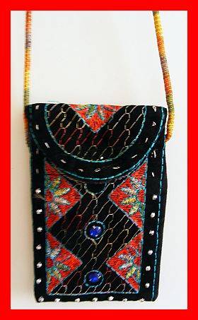 BLACK VELVET EMBROIDERED BEADED CELLPHONE BAG