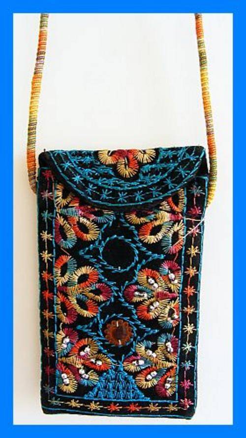 BLACK VELVET EMBROIDERED BEADED CELLPHONE BAG
