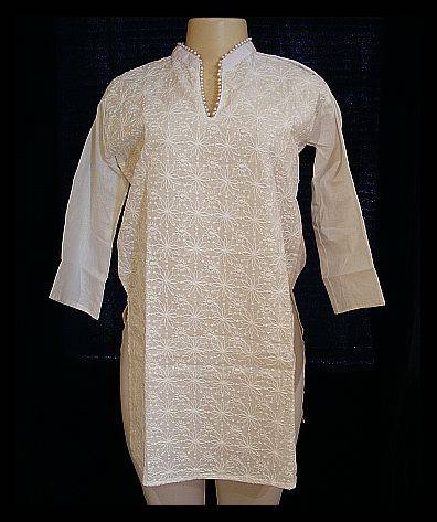 SIZE: MEDIUM - GLAMOROUS WHITE EMBROIDERED PEARL BEADED LONG SHIRT