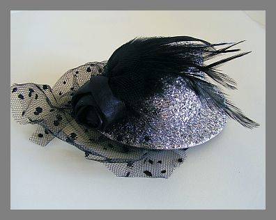 SUPER CUTE SILVER GLITTER MINI HAT WITH ROSE & LACE DETAIL