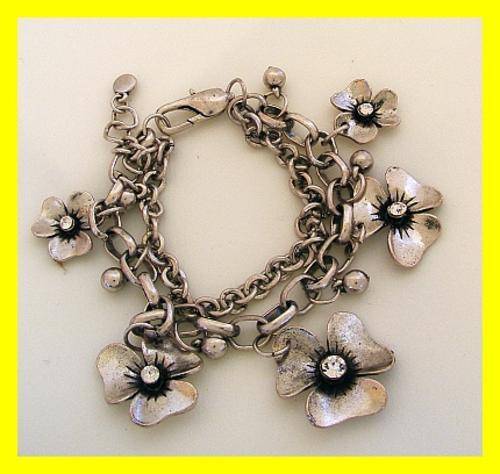 TIBETAN SILVER FLOWER DOUBLE CHAIN CHARM BRACELET WITH CLEAR CRYSTALS (Nickel Free)