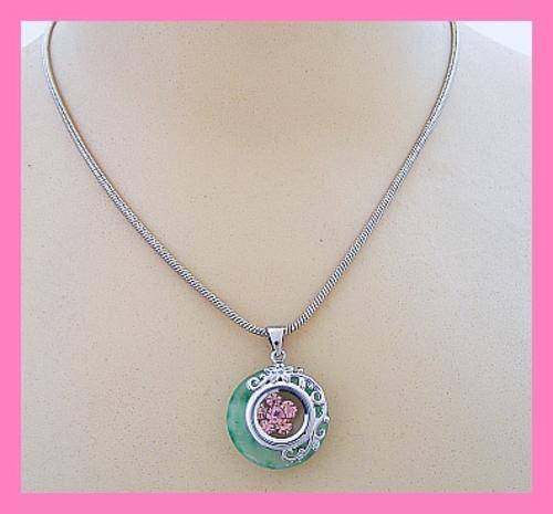 JADE AND PINK CRYSTAL SPINNING PENDANT & CHAIN