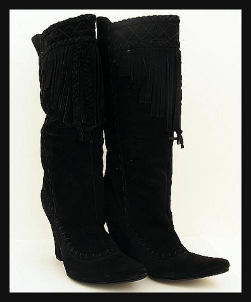 SIZE: 6 - BLACK TASSELLED HIGH WEDGE HEEL BOOTS