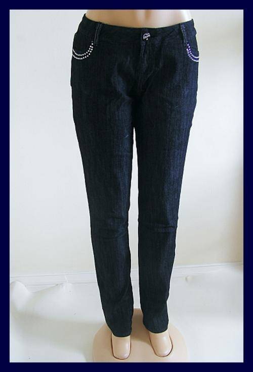 SIZE: 38 - DARK DENIM STRETCH JEANS WITH RHINESTONE DETAIL