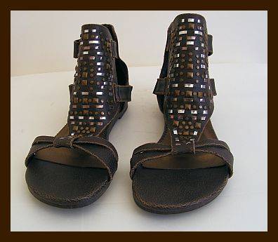 SIZE: 6 - BROWN GOLD & SILVER STUDDED GLADIATOR SANDALS BY WHISTLES FROM ZOOM