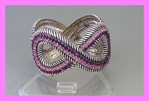 TIBETAN SILVER & PINK & PURPLE CRYSTAL HINGED BRACELET