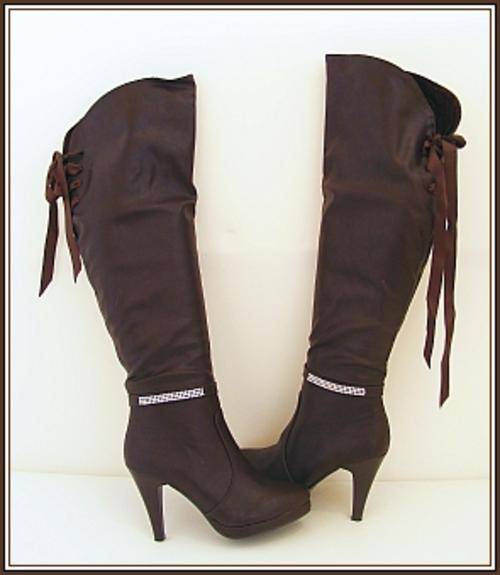 SIZE: 6 - BROWN THIGH HIGH BOOTS WITH RIBBON DETAIL