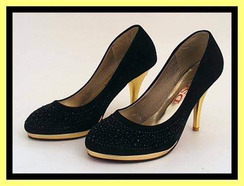SIZE: 6 - STUNNING BLACK STILETTOS WITH DIAMANTES AND GOLD HEELS