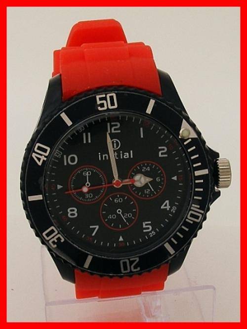 MENS INITIAL WATCH WITH RED SILICONE STRAP