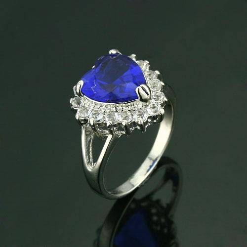 DEEP BLUE HEART CUT CZ SILVER RING - SIZE 6.25