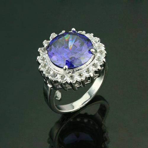 DEEP BLUE ROUND CUT CZ SILVER RING - SIZE 6 - FINEST QUALITY