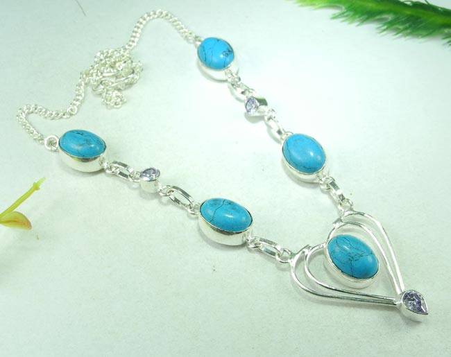 GENUINE TURQUOISE & QUARTZ 925 SILVER NECKLACE