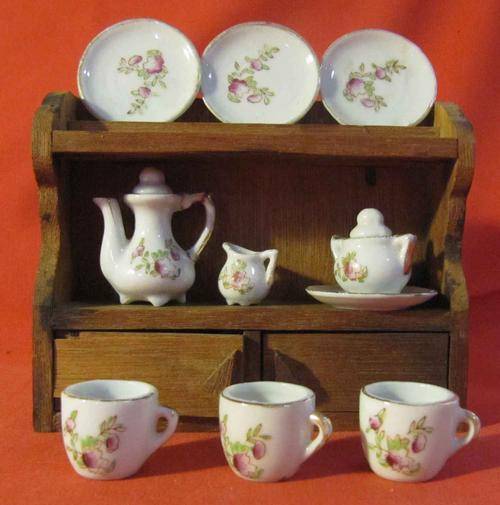 Miniature Ceramic Tea Set and Wooden Dresser