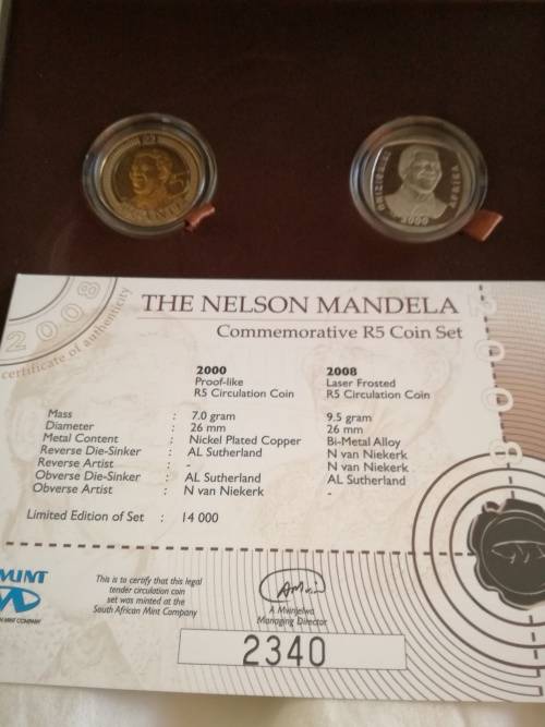 Mandela Commemorative R5 Coin Set - Proof-like R5 & Laser-frosted R5
