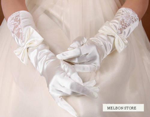 MANTILLA BRIDAL Offers - Pair of WHITE Satin Like Bridal Gloves with Faux Pearls & Lace - 14.5"