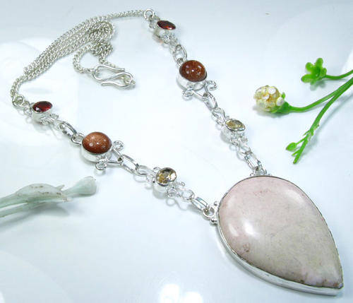 HOWLITE+SUN SITARA+ORANGE QUARTZ+ZIRCON 925 SILVER NECKLACE 17 1/4"; N8731
