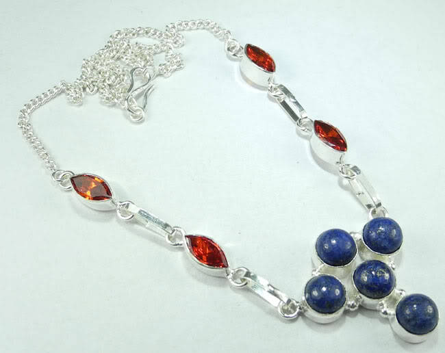 GORGEOUS LAPIS LAZULI AND ORANGE QUARTZ GEMSTONE 925 SILVER NECKLACE 18 3/4" - P621
