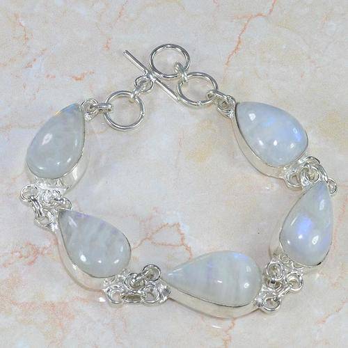 ENCHANTING GLOWING RAINBOW MOONSTONE 925 SILVER BRACELET 8 3/4" - U9566