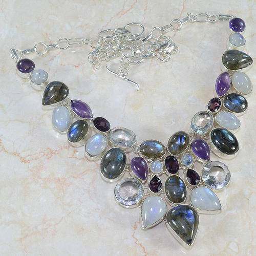 Huge Mixed Natural Gemstone 925 Silver Necklace 21" - VIII 31