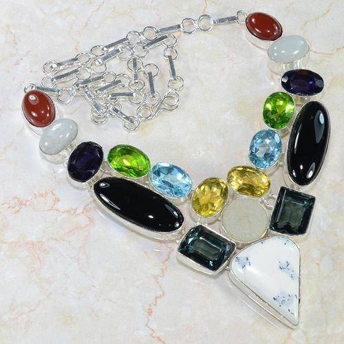 VERY IMPRESSIVE MULTI GEMSTONE 925 SILVER NECKLACE 19 1/2" - U5527