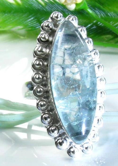 STUNNING LIGHT BLUE SNAKESKIN QUARTZ NATURAL GEMSTONE 925 SILVER RING #7.75 - J7510