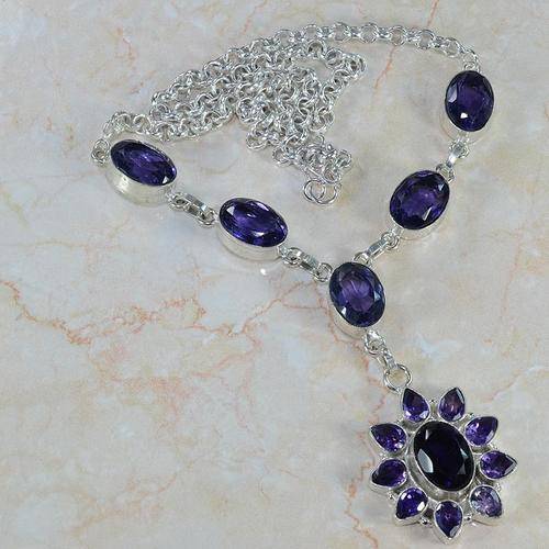 SPARKLING PURPLE AMETHYST NATURAL GEMSTONE 925 SILVER NECKLACE 19" - V5530 J5